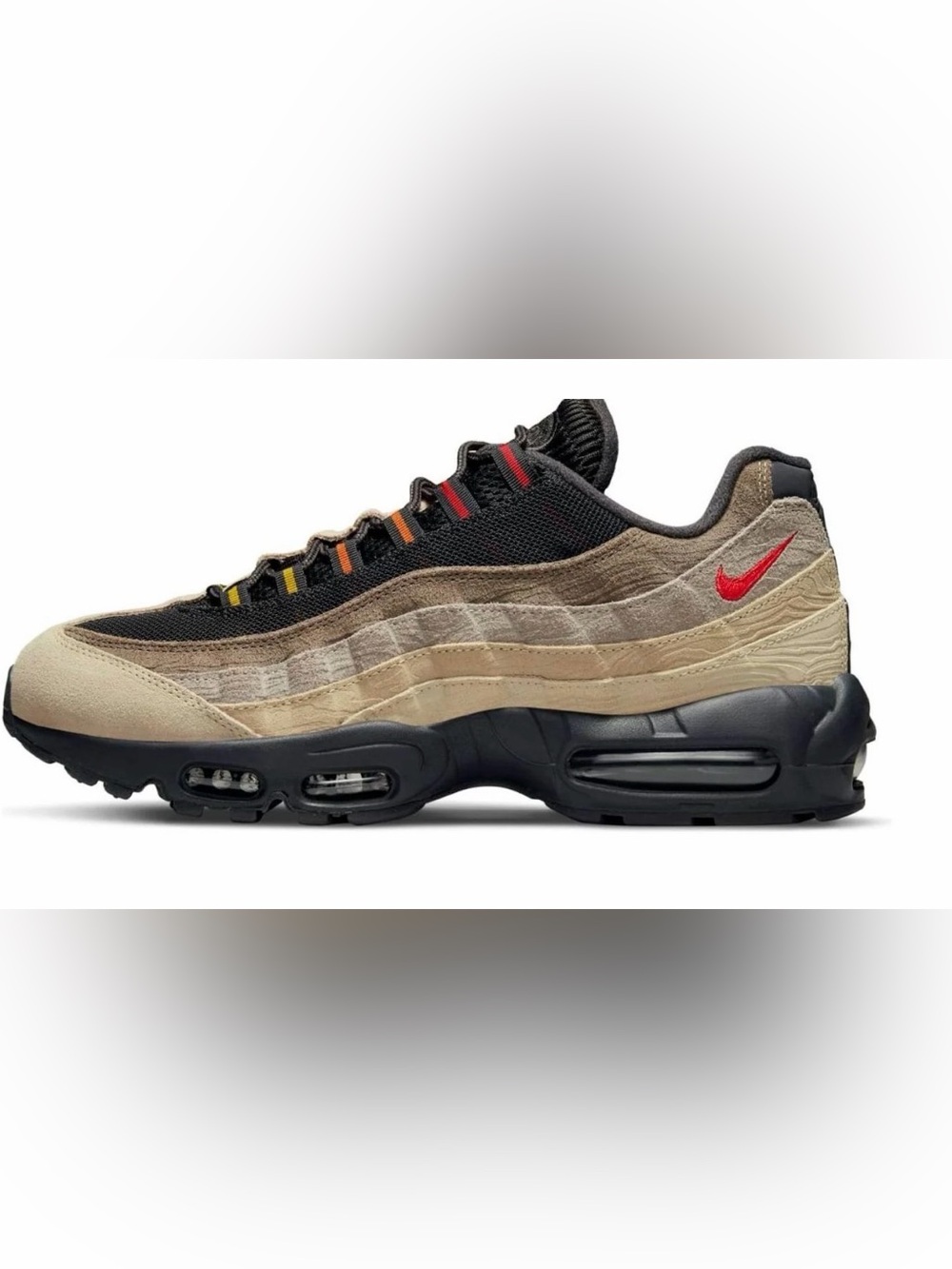 Nike Men's Air Max 95 Sneakers in Black, Tan, Brown with Red Swoosh